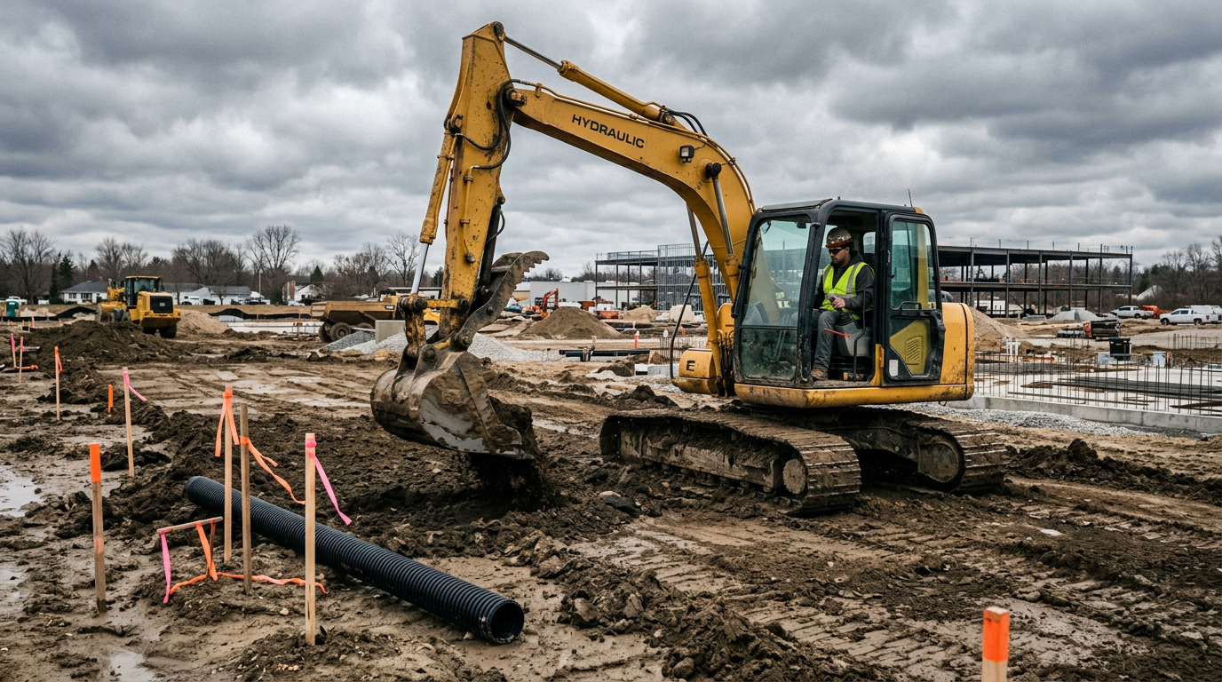 Excavator grading soil beside survey stakes and drainage pipe on a commercial site