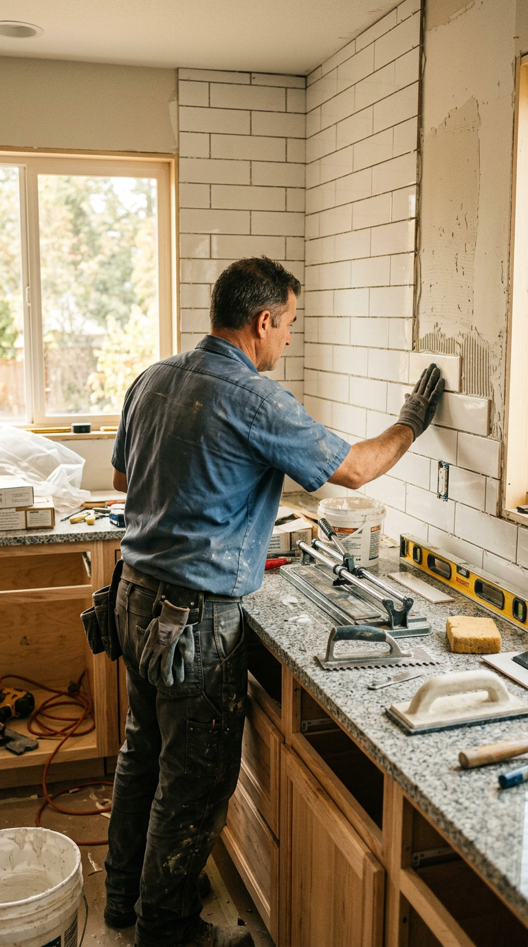 Contractor installing a tile backsplash during a residential kitchen remodel