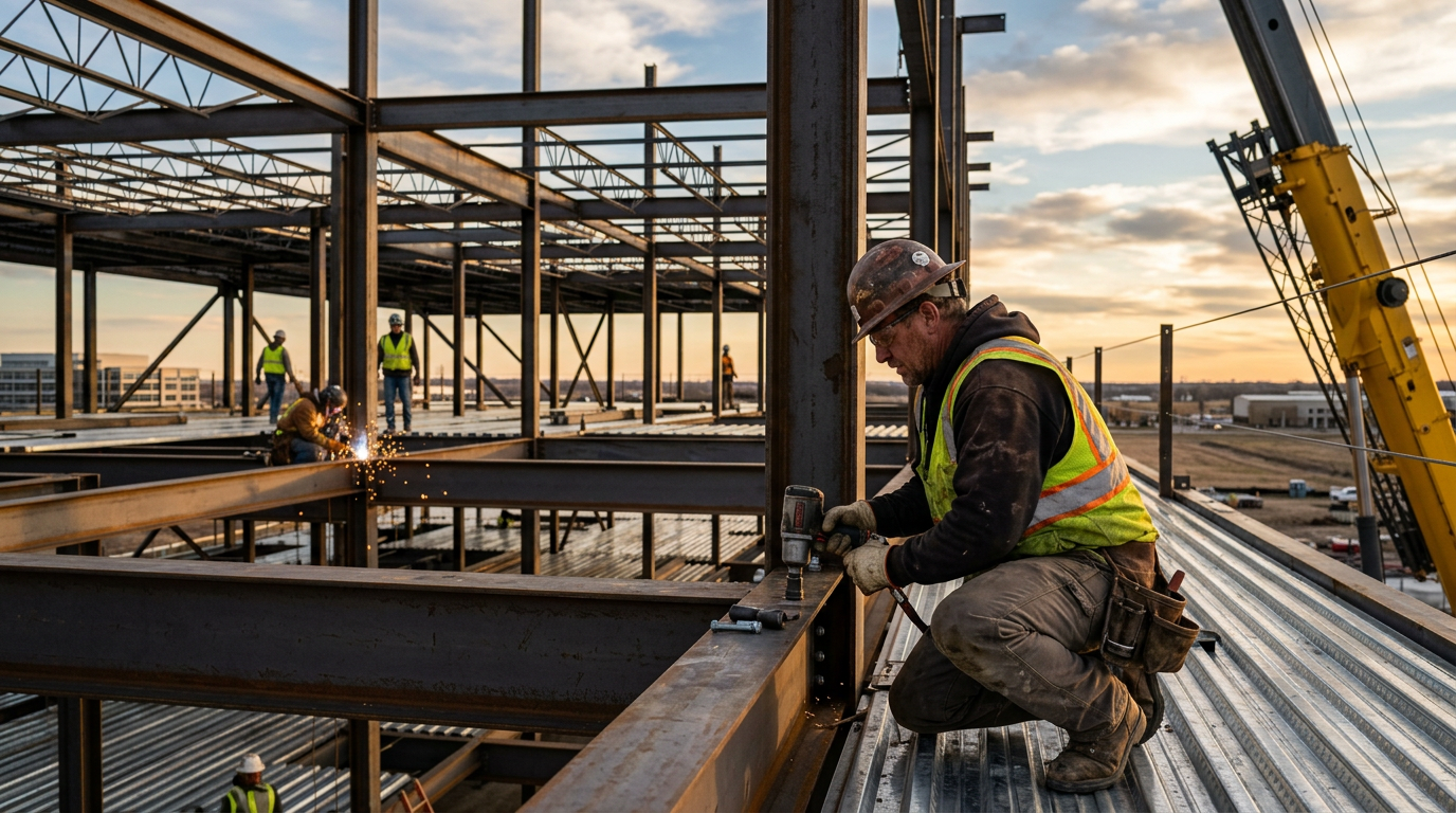Ironworker in a hard hat bolting a steel beam on a commercial building frame