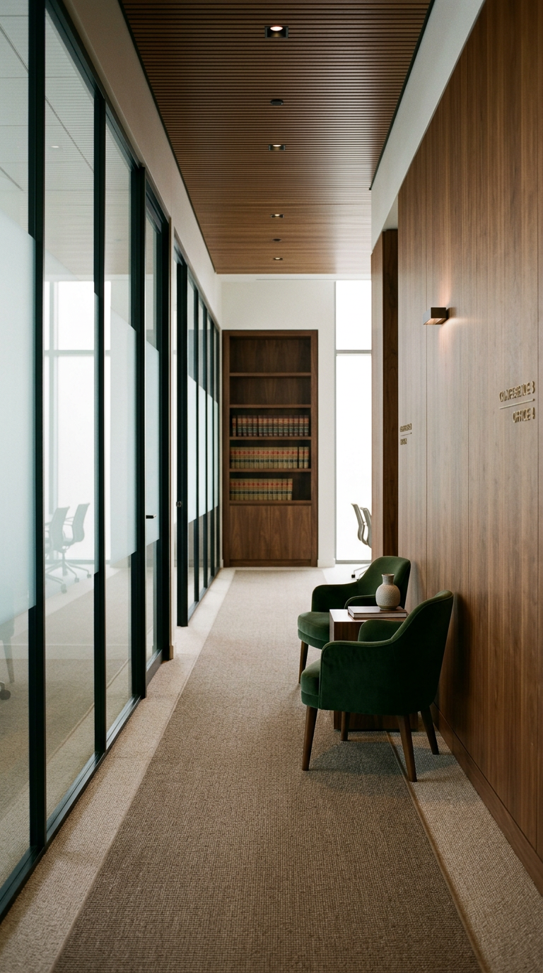 Quiet law office corridor with walnut paneling, frosted glass conference rooms, and green upholstered chairs