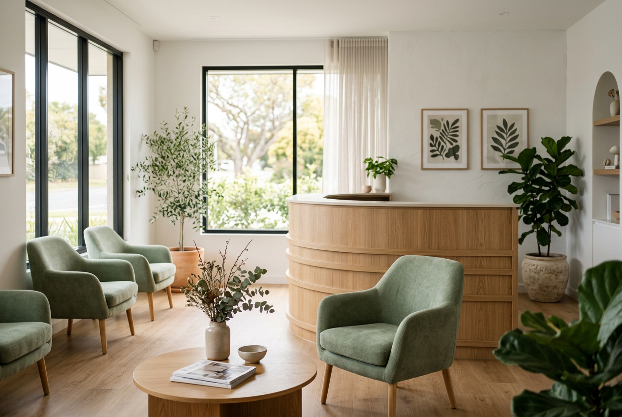 Bright, welcoming medical practice reception area with a wooden desk, green chairs, and plants