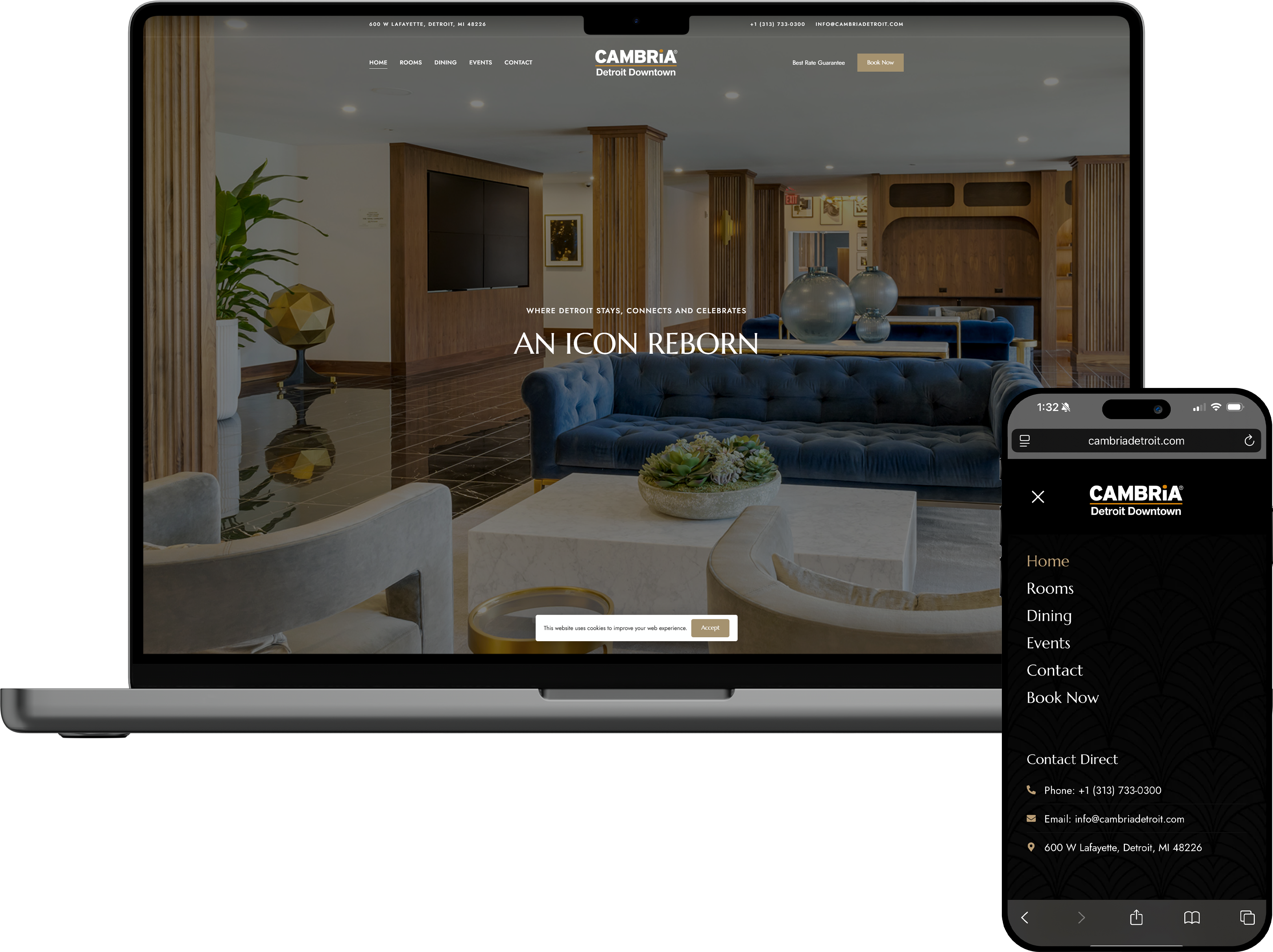 Cambria Hotel Detroit Downtown website shown on a laptop and phone