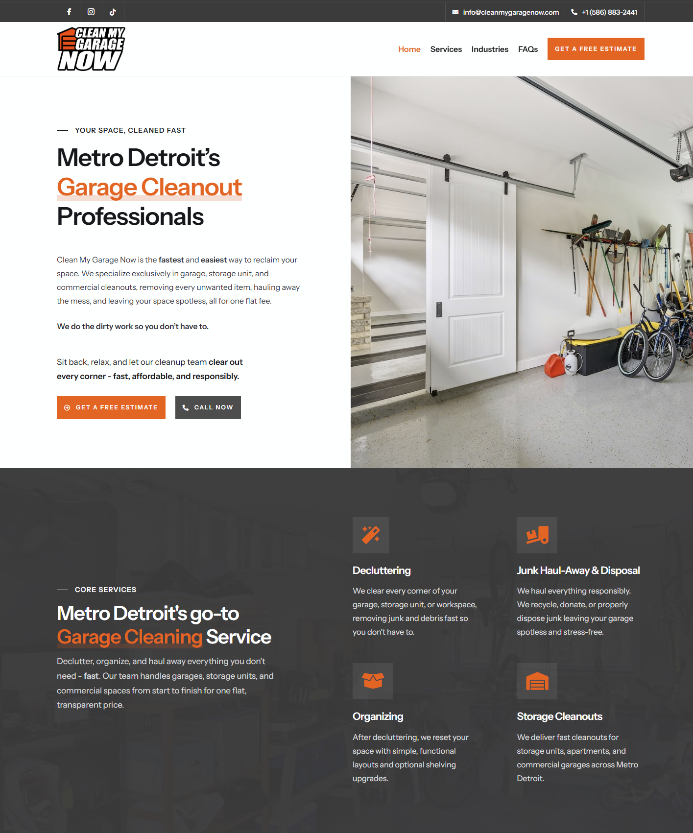 The completed Clean My Garage Now website by Platinum Web Services: a clean white header, the headline “Metro Detroit’s Garage Cleanout Professionals,” orange Get a Free Estimate and Call Now buttons, a large photo of an organized garage, and a dark core services section.