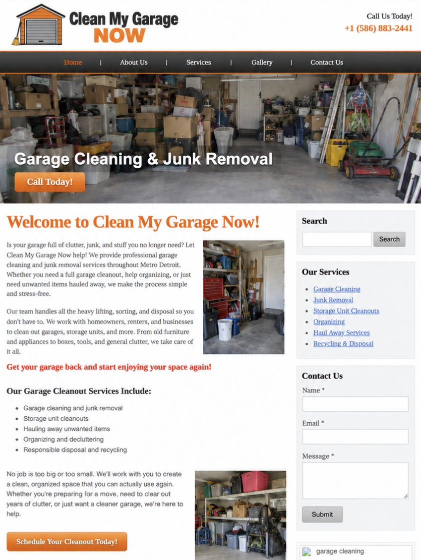 The original Clean My Garage Now homepage: a dark menu bar, a cluttered garage banner, an orange serif “Welcome to Clean My Garage Now!” heading, long text paragraphs, underlined blue sidebar links, and a gray contact form.